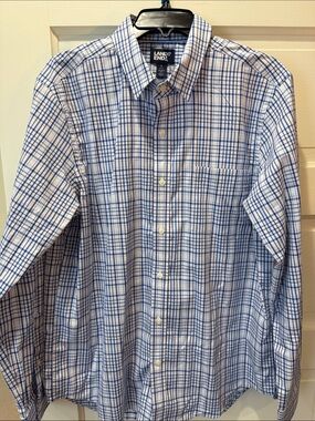 Lands' End Men's White and Blue Plaid Button-Down Shirt